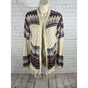 Vanity Purple Beige Semi Sheer Loose Knit Sweater Cardigan W Tassels Women’s L